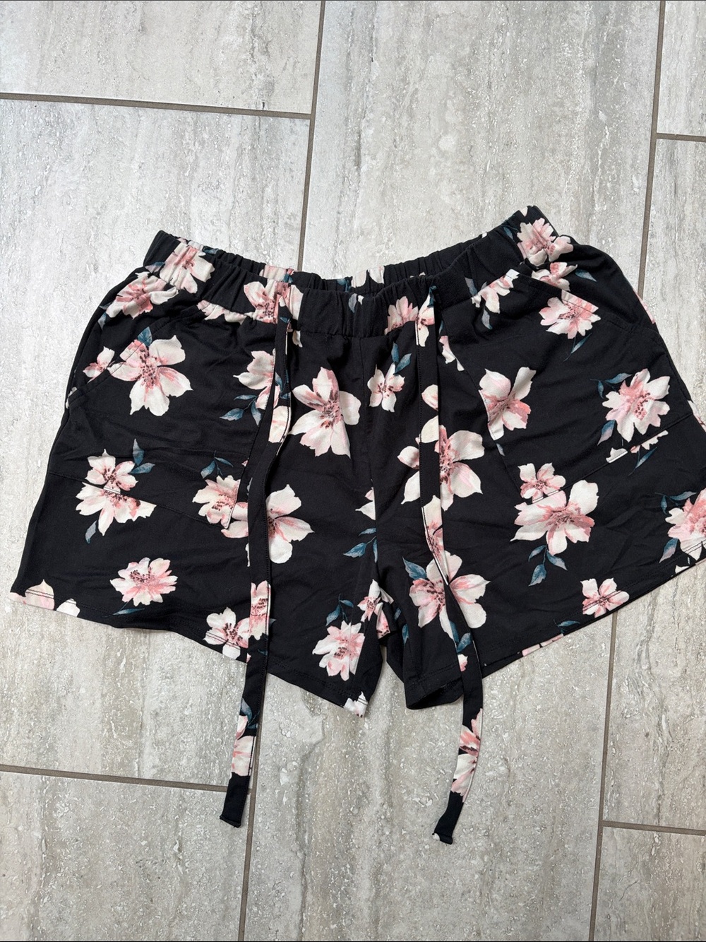 Studio Black Floral Drawstring Athletic Shorts with Pink Flowers